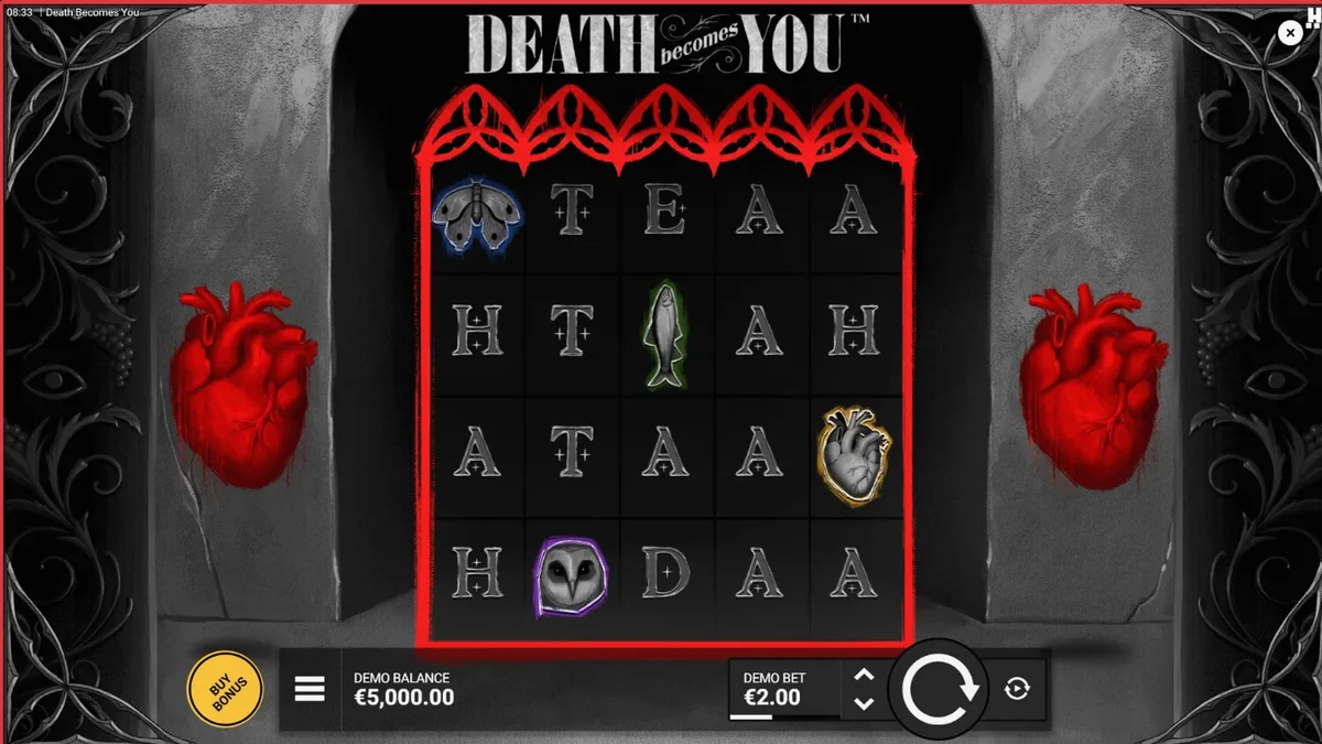 Tampilan visual slot Death Becomes You dengan nuansa gotik dan neon
